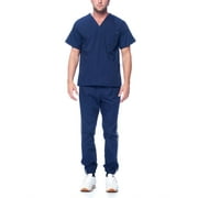 Dagacci Medical Uniform Unisex Men and Women V-Neck Top Joggers Pants Athletic Trim Cotton Scrub Set (Navy,S)