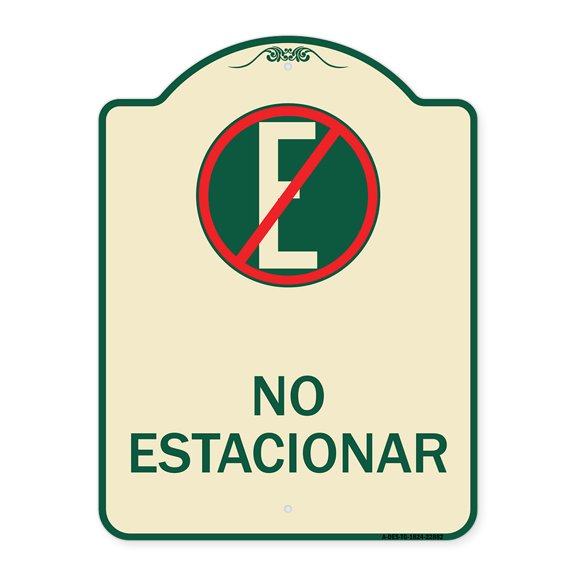 SignMission Designer Series Sign - Spanish Parking Sign No Estacionar (No Parking) (With Graphic) | Tan & Green 18" x 24" Heavy-Gauge Aluminum Architectural Sign | Made in the USA