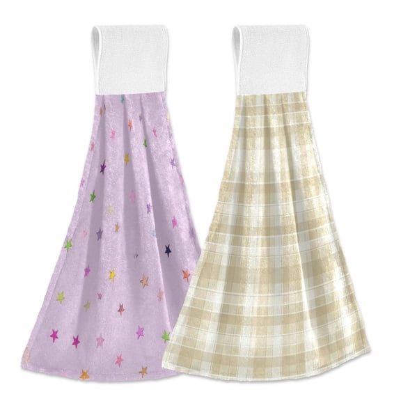 IAUYY Kitchen Hanging Towels Set of 2 100% Polyester Absorbent, Super Soft Hand Towels with Hanging Loops for Bathroom Kitchen Light Purple Light Cream Color