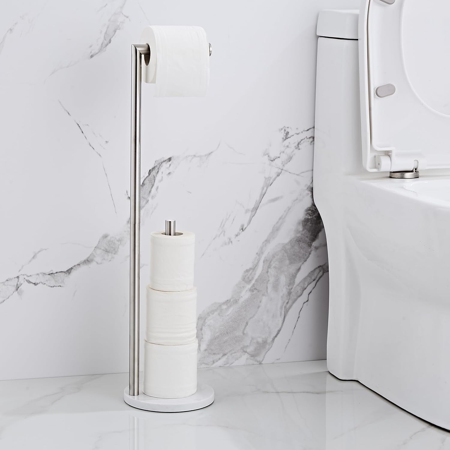 Marble Toilet Paper Holder Stand - Brushed Nickel Freestanding with Storage Floor Stand Silver Toilet Roll Holder Standing Paper Towel Holder
