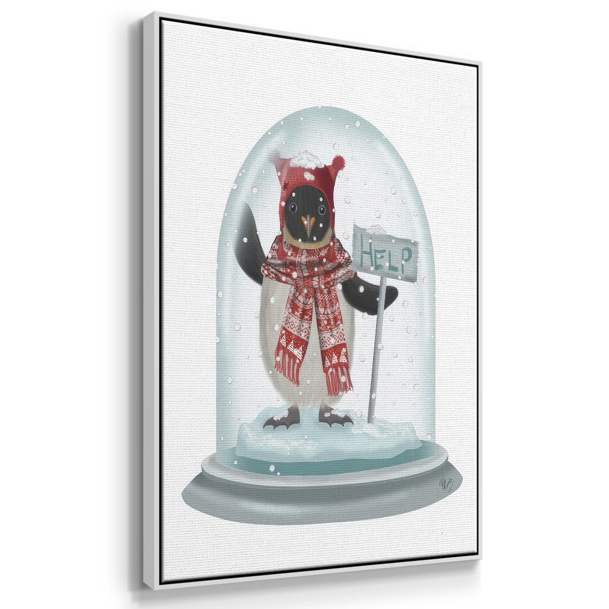 Christmas Penguin Snow Globe - Framed Gallery Wrapped Holiday Canvas - 17 x 25 - White Frame