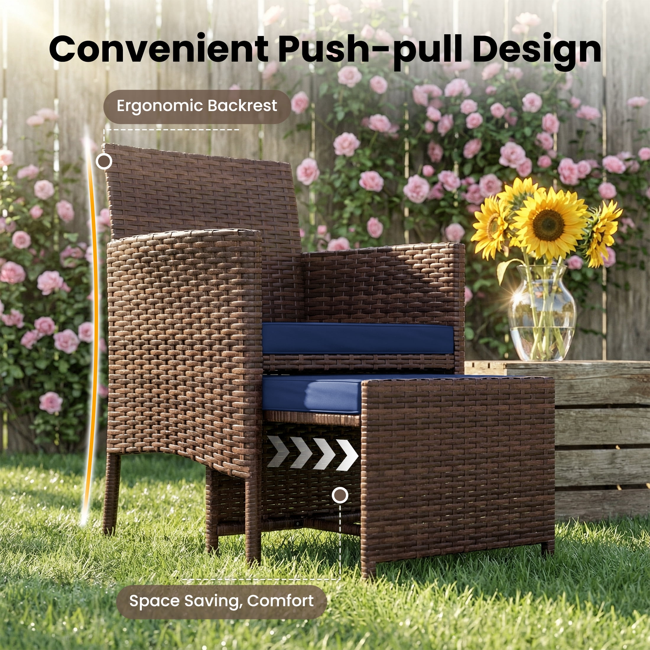UDPATIO Balcony Furniture 5 Piece Patio Furniture Set, Outdoor Brown Wicker Chairs with Ottoman, Navy
