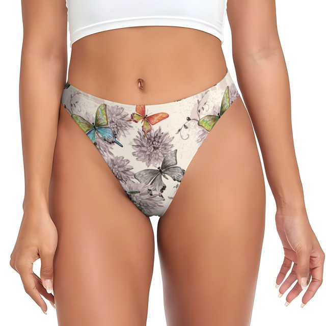 Balery Flying Butterflies-1 Tangas de Algodón para Mujer con Estampado – Ropa Interior Sexy, Transpirable, G-string-Large