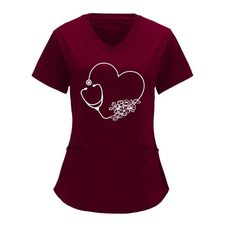 

TAIAOJING Women Scrubs Top V Neck Heart Print Short Sleeve Wrap Tops