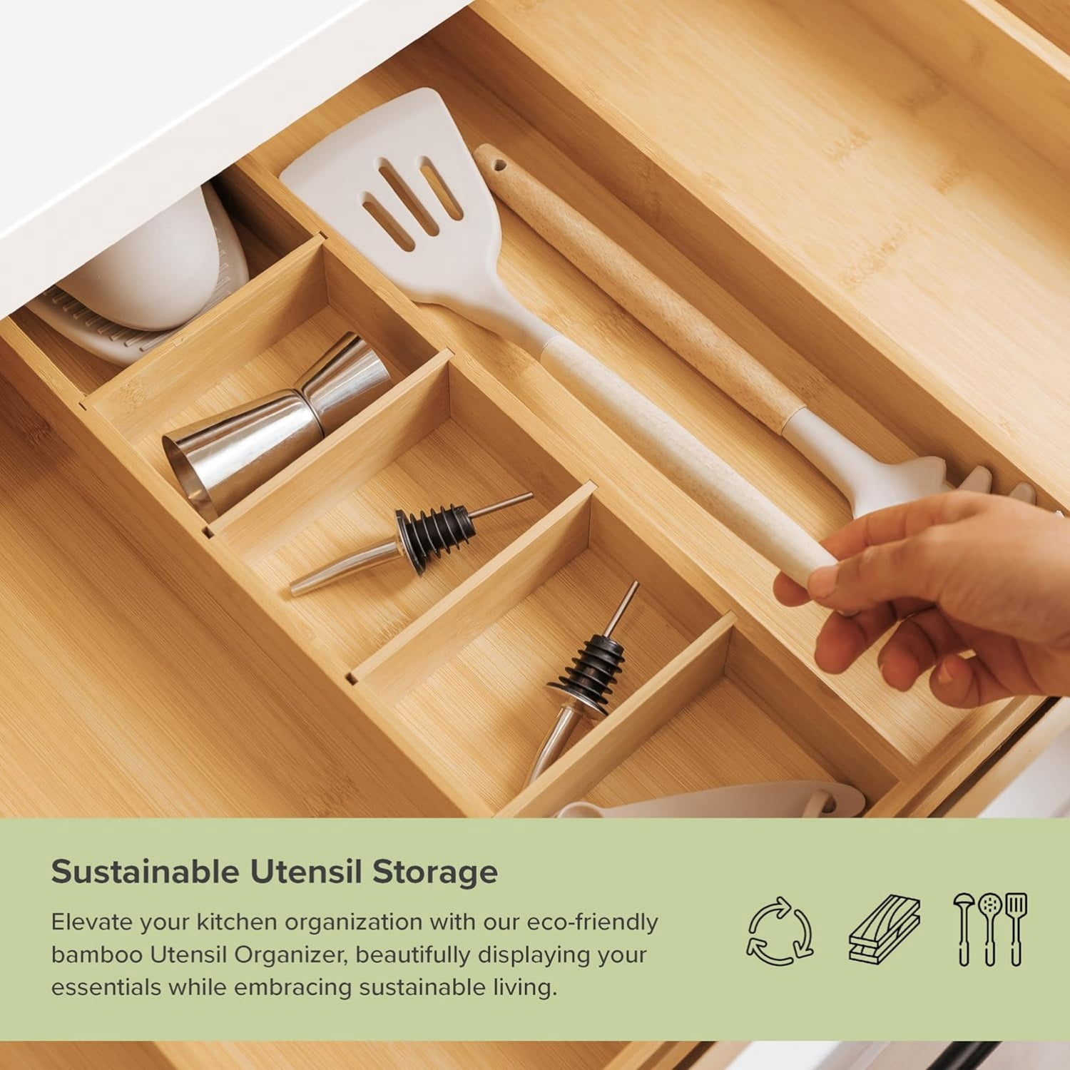 Adjustable Kitchen Drawer Organizer for Utensils and Junk, Food-Safe Contract Grade with 100%  Wood, Non-Slip, Expandable from 16" to 28" Wide - Bamboo