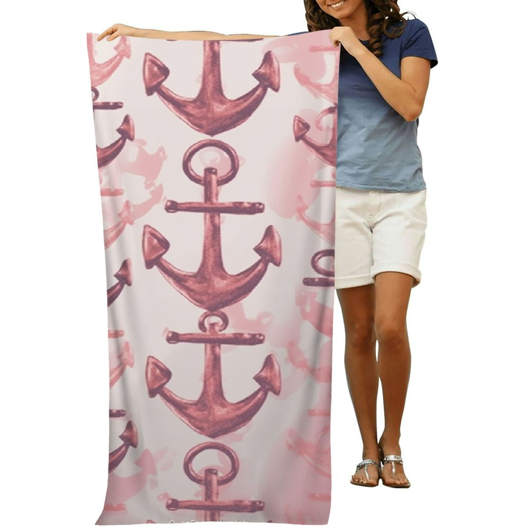Nautical Coral Glitter Anchor Pattern Microfiber Sand Free Beach Towel Oversized Quick Dry Absorbent for Pool Swimming Bathroom Beach Towel