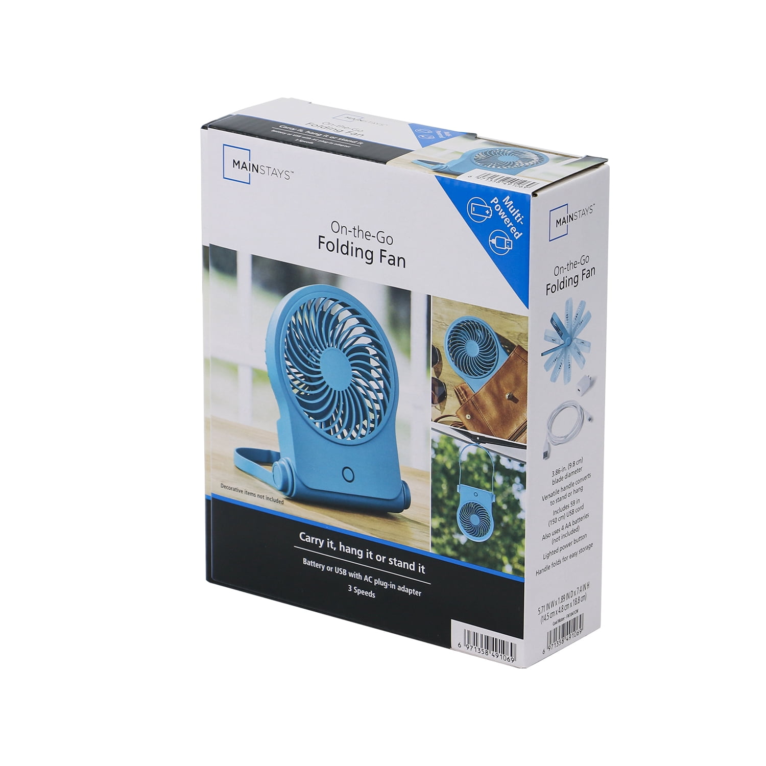Mainstays 4 in On-the-Go Folding Personal Fan for Stroller, Car Seat and Treadmill, Cool Water