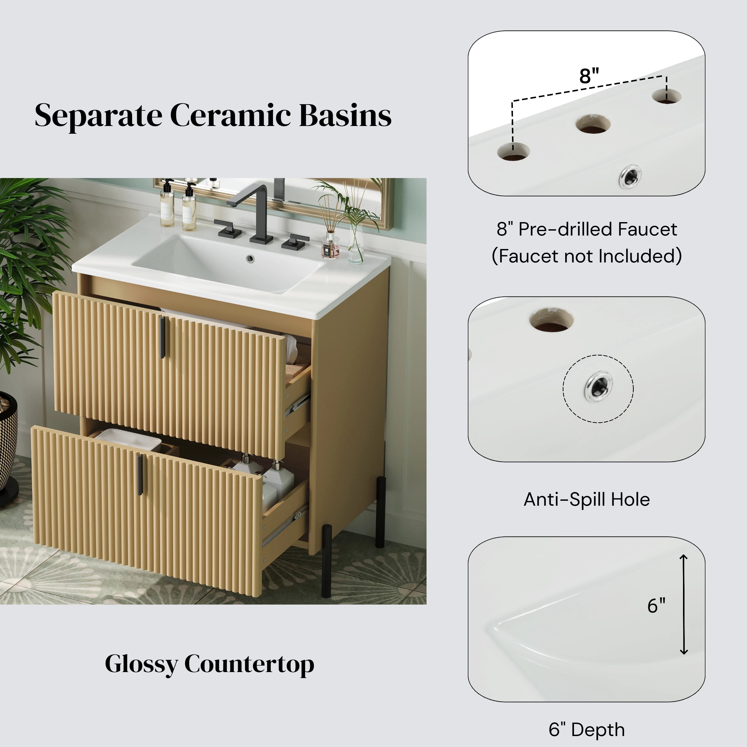 30" Bathroom Vanity with Ceramic Sink, Equipped with Vertical Pulls and Full-Extension Drawers, Freestanding Bathroom Vanity with Soft Close Drawer Slides, Fluted Design, Natural