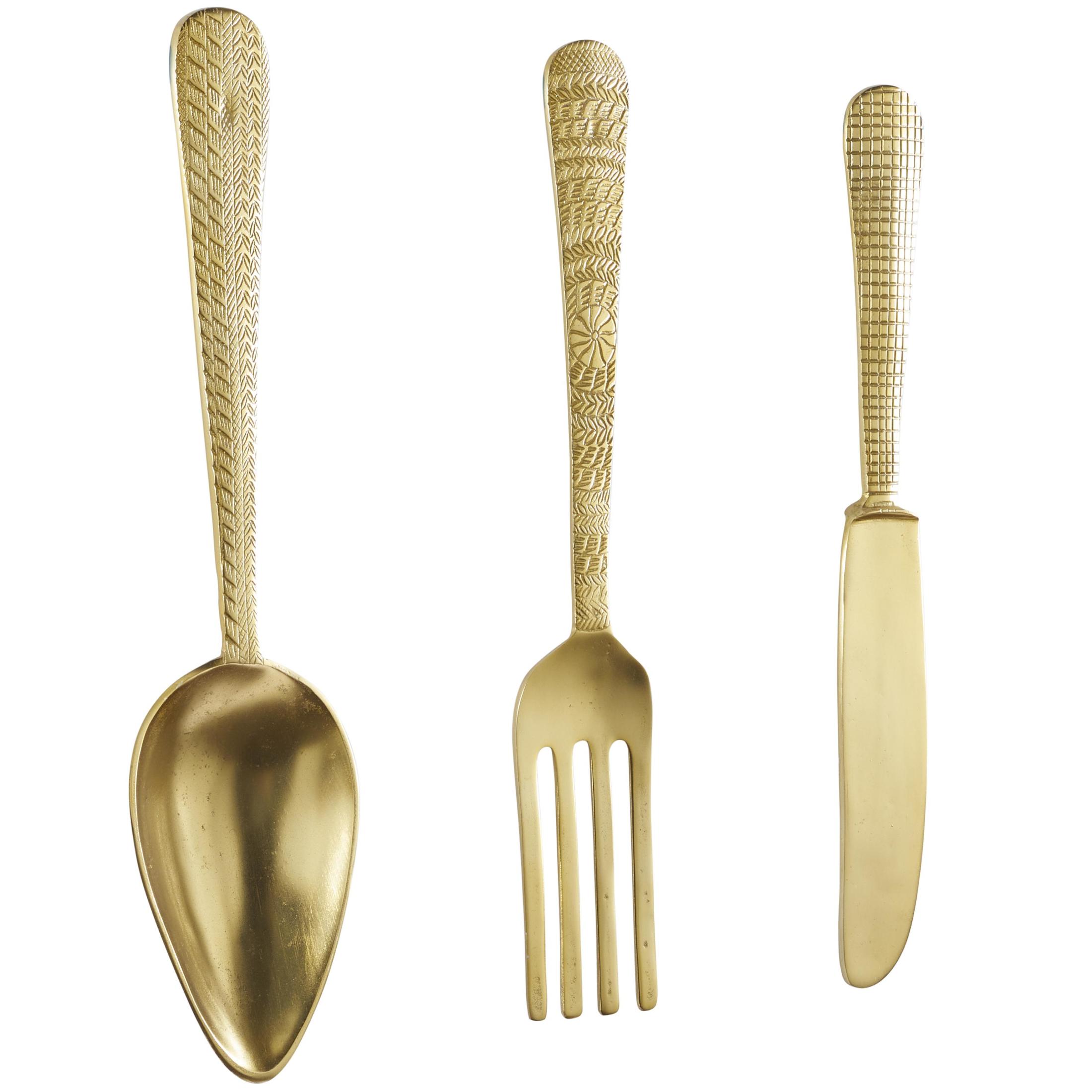 DecMode Gold Aluminum Metal Knife, Spoon and Fork Utensils Wall Decor (3 Count)