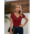 thumbnail image 3 of Women Ribbed Short Sleeve Shirts Scoop Neck Slim Fitted Basic Tees Tops Summer Trendy, 3 of 4