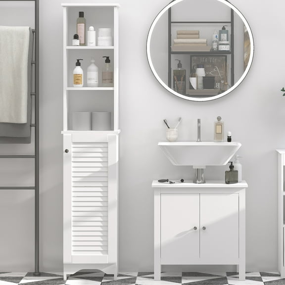 HOMCOM Tall Bathroom Storage Cabinet/Freestanding Linen Tower with 3-Tier Open Adjustable Shelf and Cupboard, White
