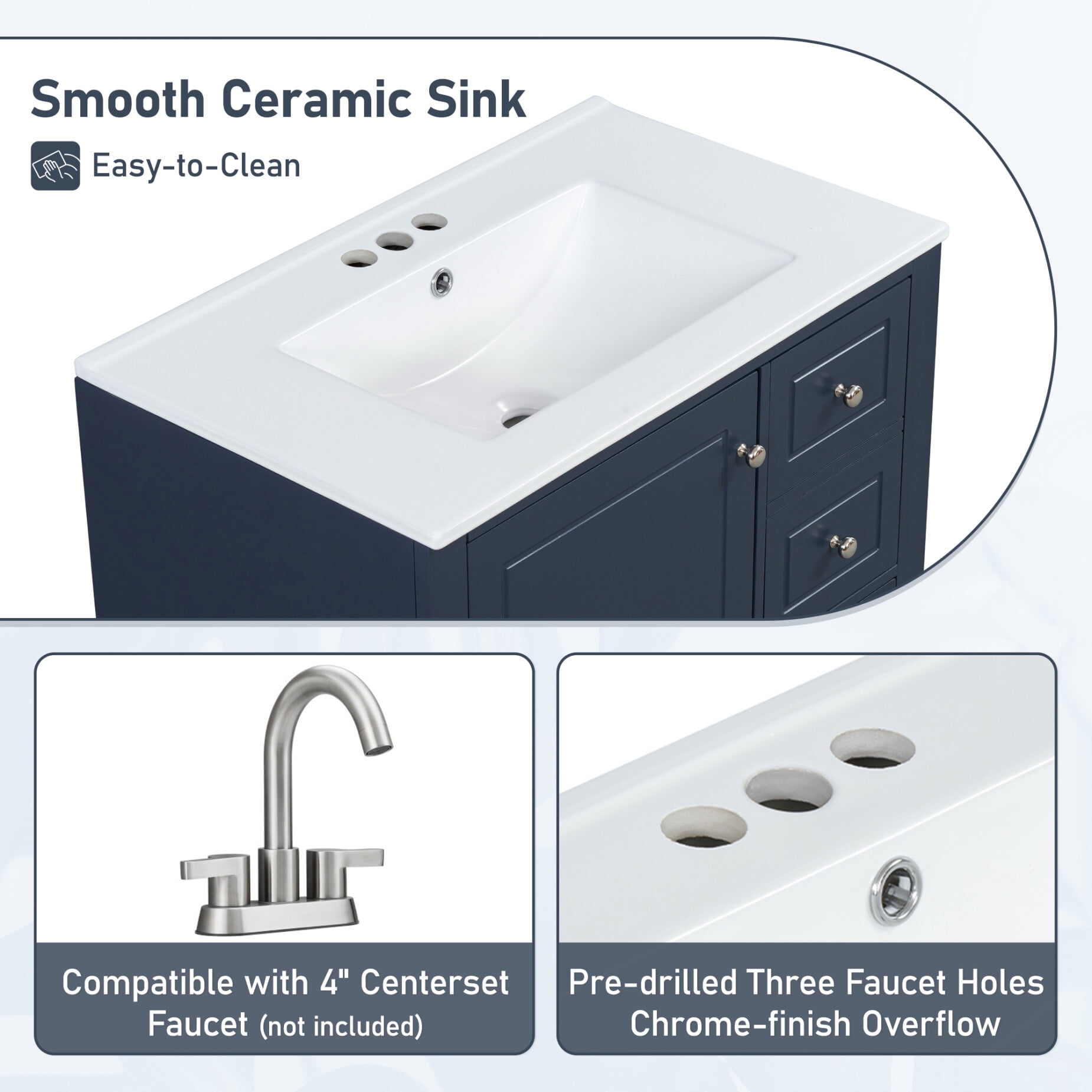 30" Bathroom Vanity with Sink Combo, Modern Bathroom Storage Cabinet with 3 Drawers and 1 Soft Closing Door, Freestanding Solid Wood Bathroom Vanities, Blue