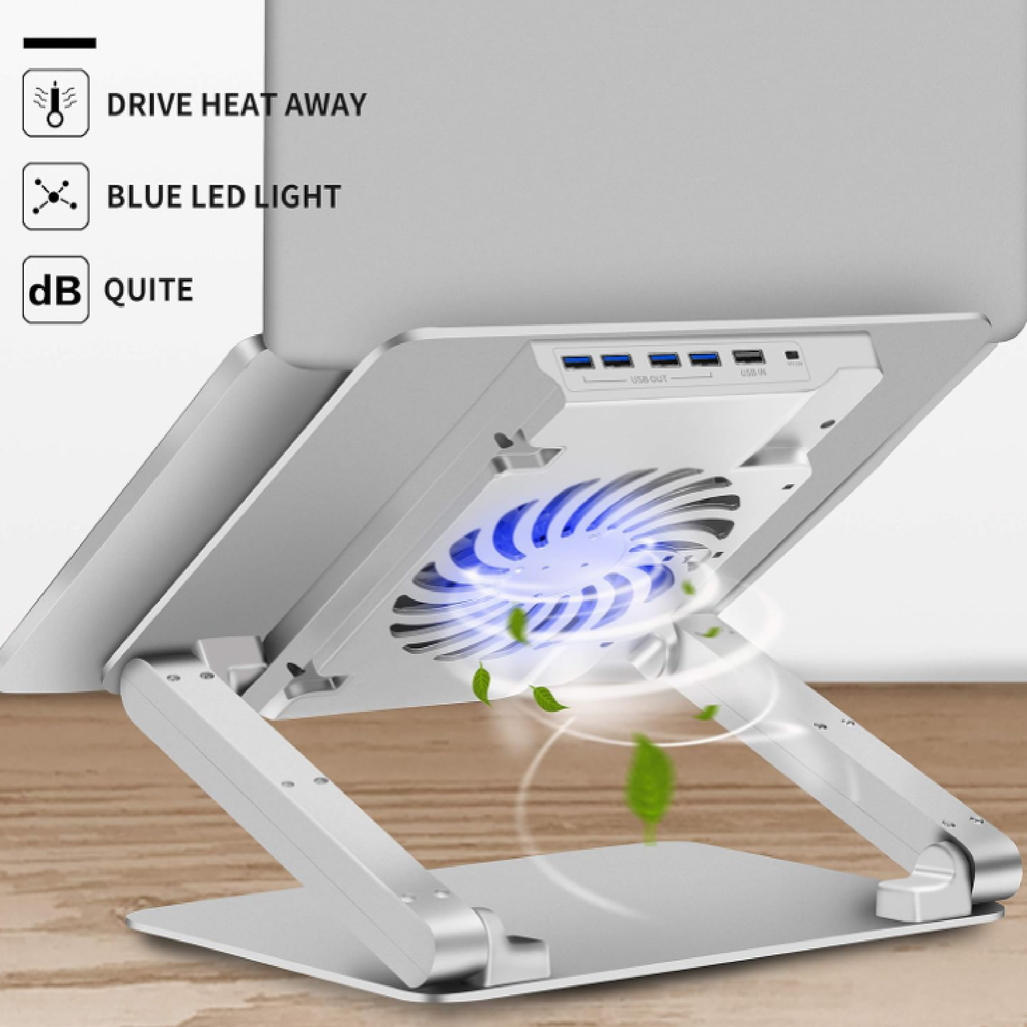 Laptop Cooling Pad with Low-Noise Fan and 3.0 USB Hubs, Ventilated Laptop Cooler Prevent Overheating, Ergonomic Laptop Stand Support Up to 17” Gaming Notebook Computer, Aluminum