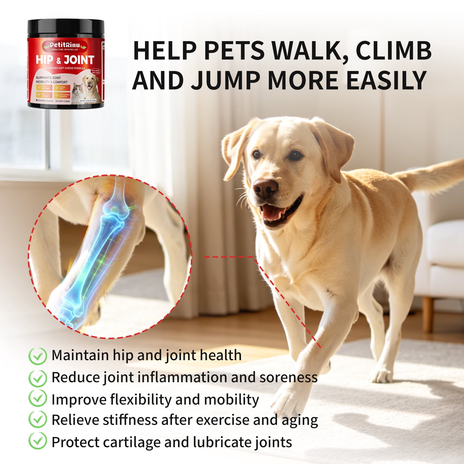 Hip and Joint Supplement for Dogs and Cats, Arthritis Pain Supplement, Mobility Cartilag Supplements, Turmeric Treats, 120ct