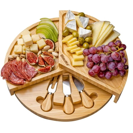 

BlauKe® Bamboo Cheese Board and Knife Set – 14 inch Round Charcuterie Board Serving Tray Platter Wood Cheese Board Set with Slide-Out Drawer