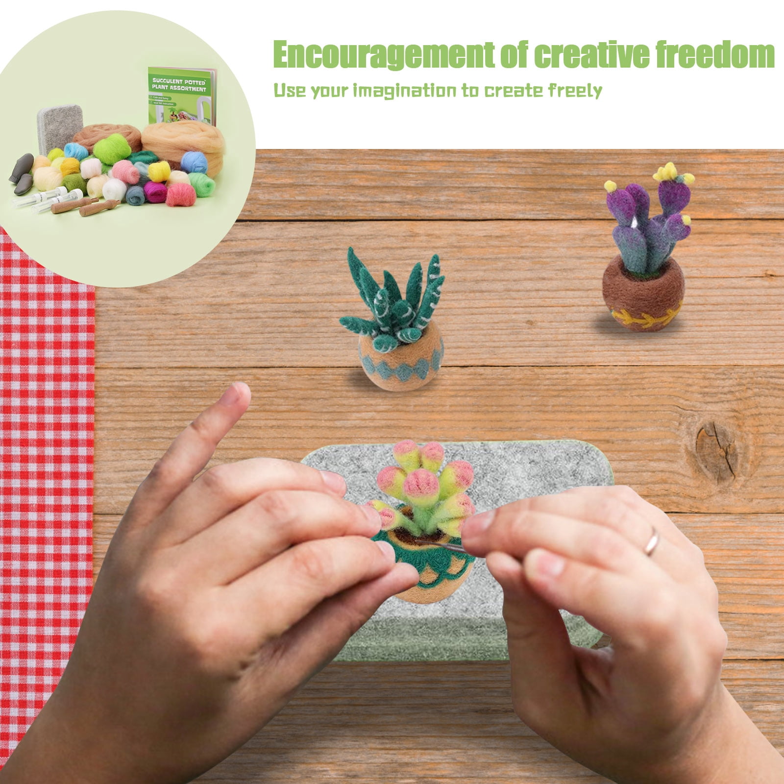9 Pieces Succulent Plants Needle Felting Kit, Wool Felting Kit with Pad, Finger Cots, Needle, Wooden Felting Tool, Instruction, Needle Felt Start Kit Supplies for Beginners Adult DIY Decor