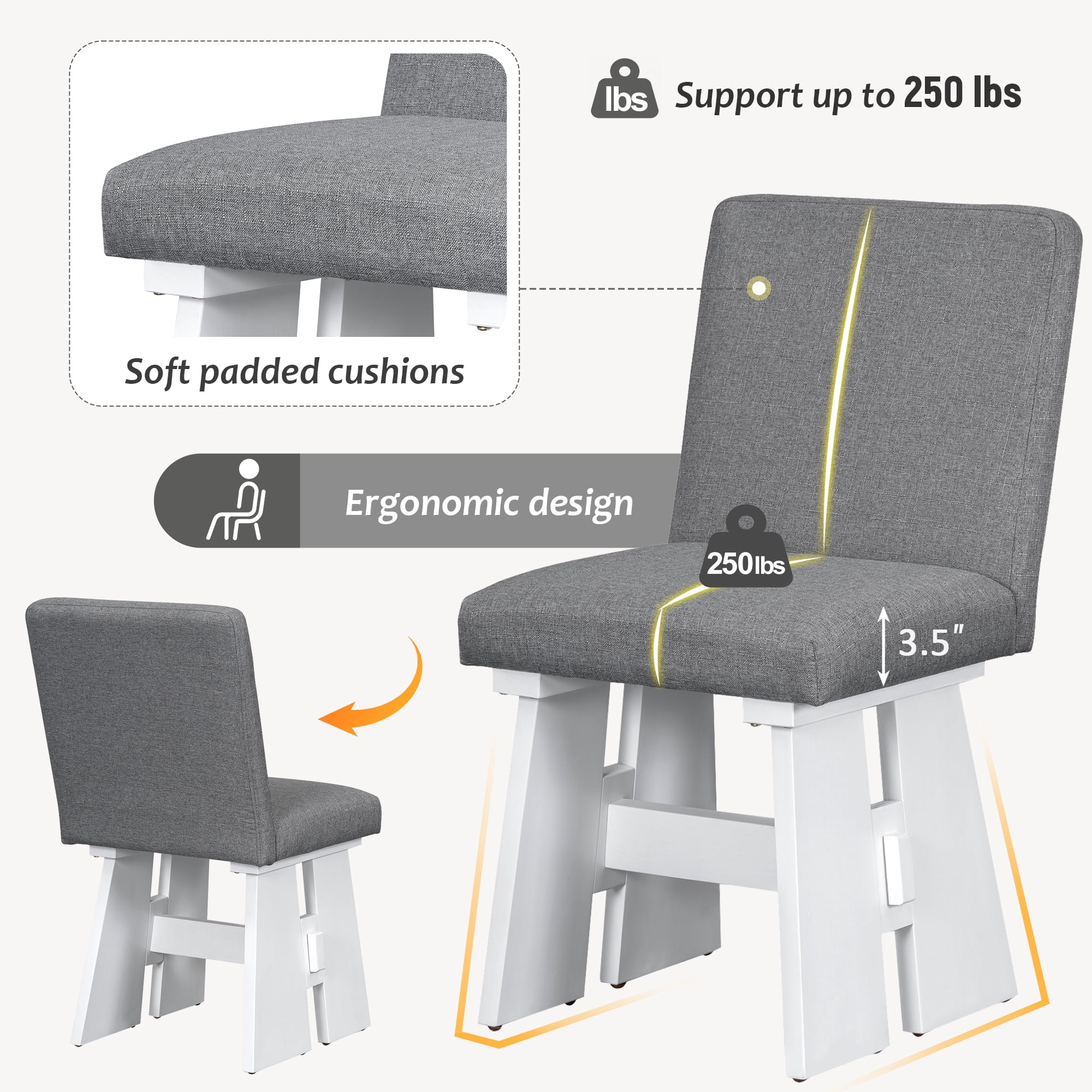 Euroco 7-Piece Farmhouse Dining Table Set for 6, 63.4" Wood Kitchen Table Set with 6 Upholstered Chairs for Dining Room Apartment,Dark Gray