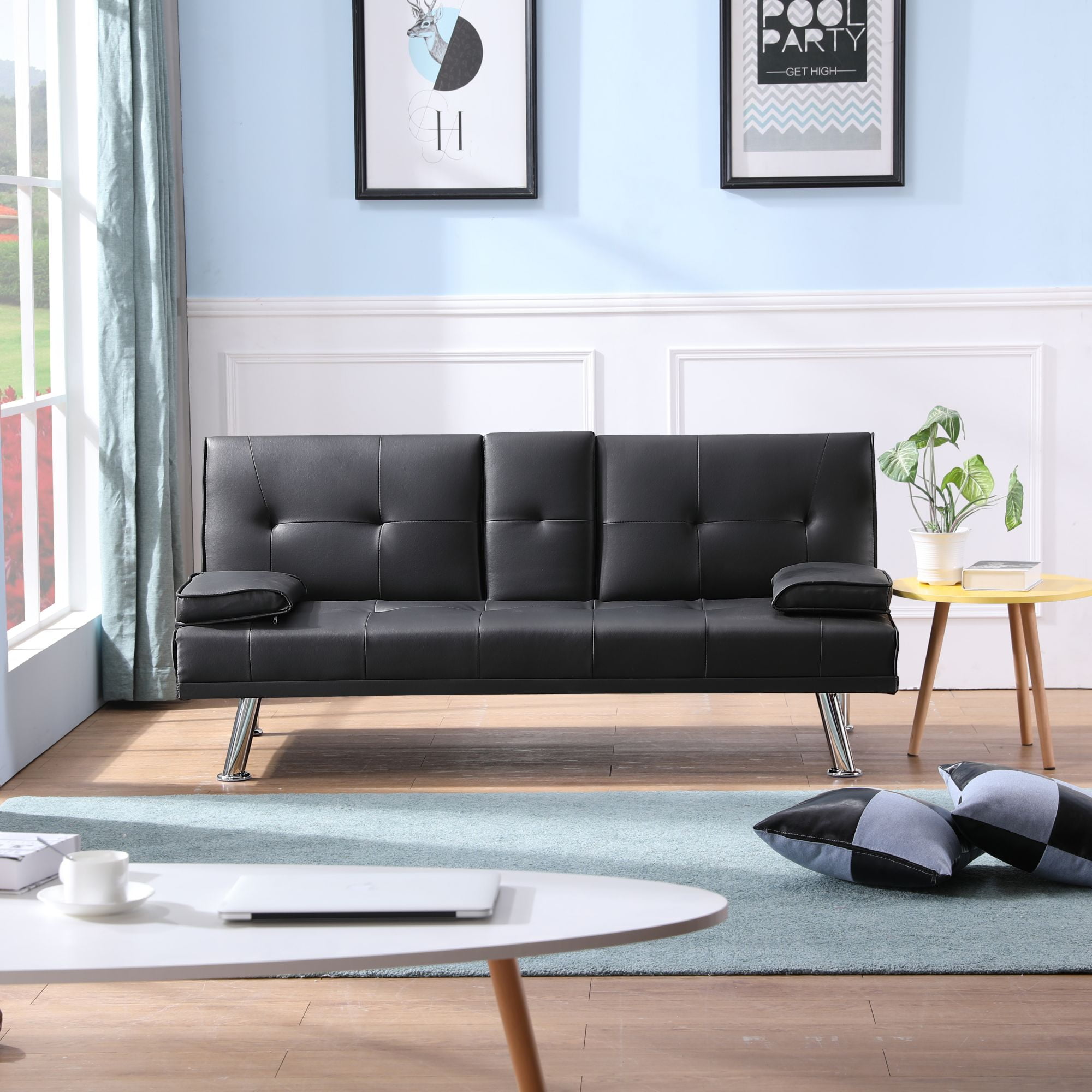 Futon Sofa Bed, Modern Faux Leather Sofa Couch with Convertible Backrest,Sleeper Sofa Couch Filled with Memory Foam for Living Room,Apartment,Bedroom
