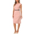 thumbnail image 4 of INSPIRE CHIC Robe de Travail pour Femmes Col Rond Manches Courtes Ceinturée Robe Midi Rose P, 4 of 5