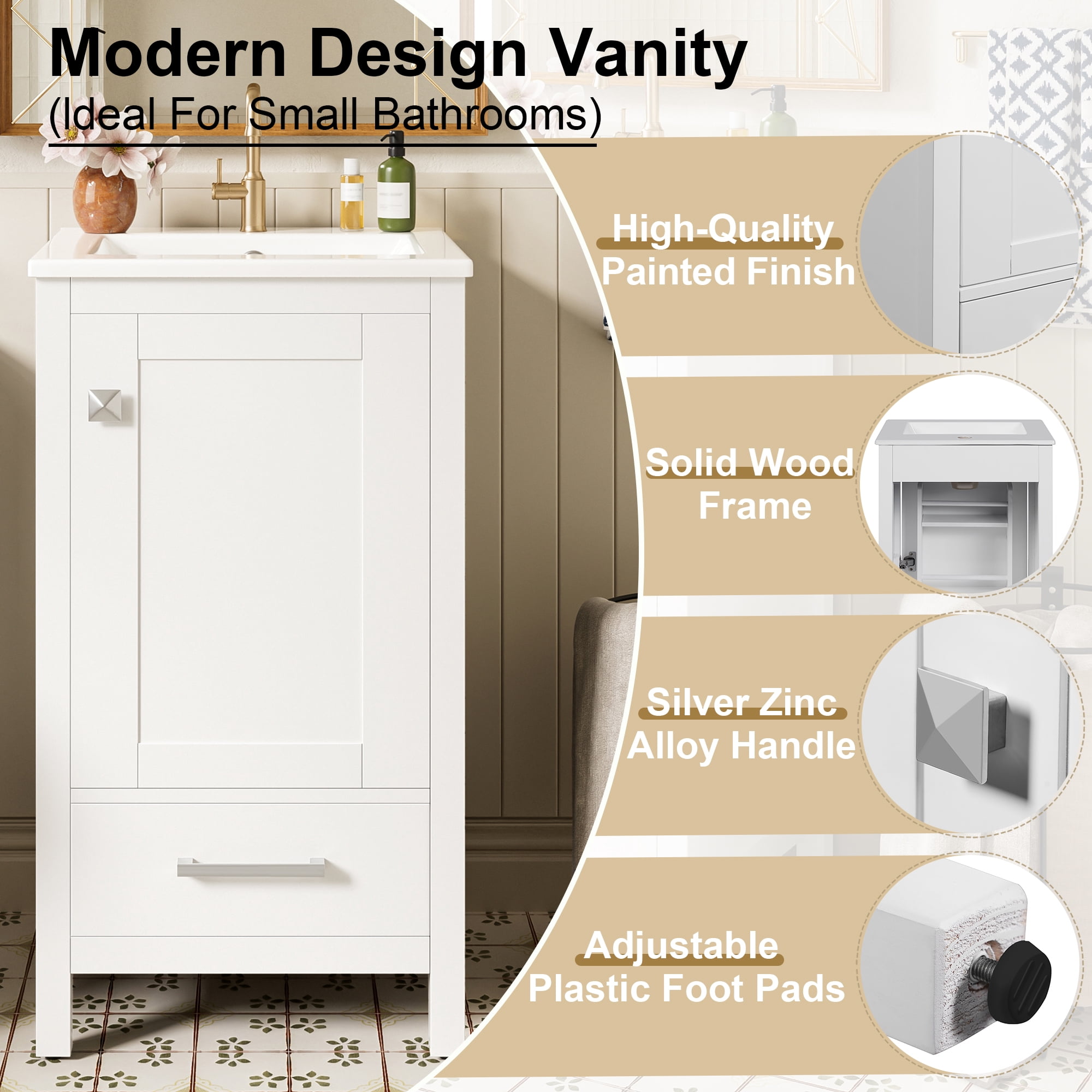 18" Sturdy Wood Small Bathroom Storage Cabinet, Bathroom Organizer Cabinet with Soft Close, Compact Vanity Unit for Small Spaces with Ceramic Sink for Bathroom, White