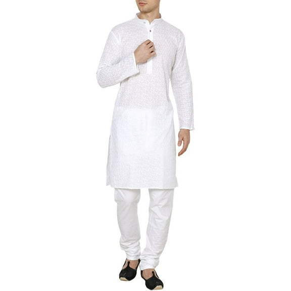 Royal Mens White Cotton Lucknowi Chikan Kurta Churidar