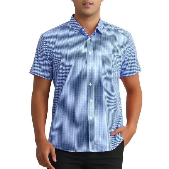 INSPIRE CHIC Plaid Dress Shirts for Men's Cotton Short Sleeve Button Down with Pocket Gingham Shirt S Navy Blue