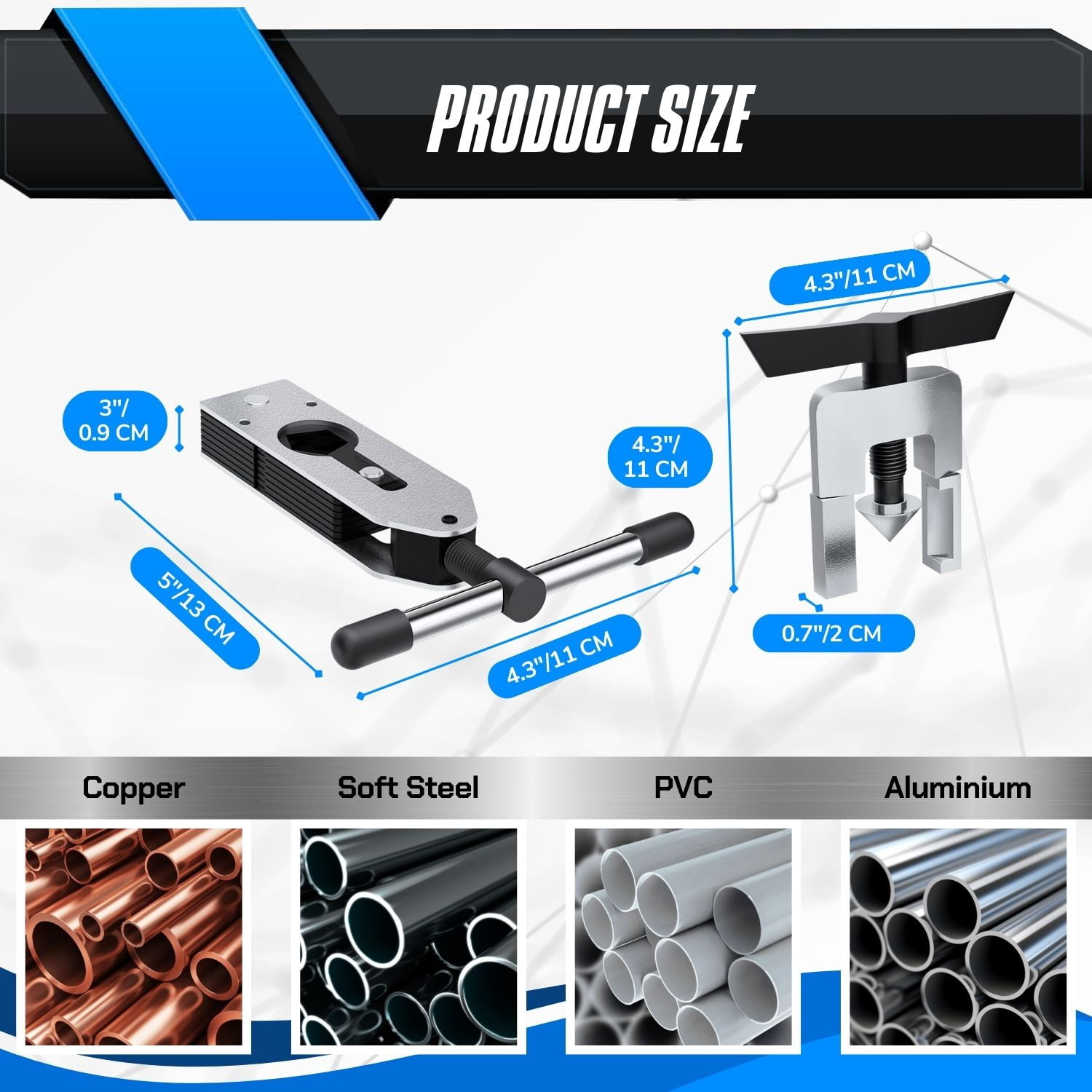 Flaring Tool Set Kit for 3/16-5/8 inch Copper Brass Aluminum Tubing Pipe with SAE 45 Degree Angle Cone for HVAC Gas Refrigeration Brake line Application