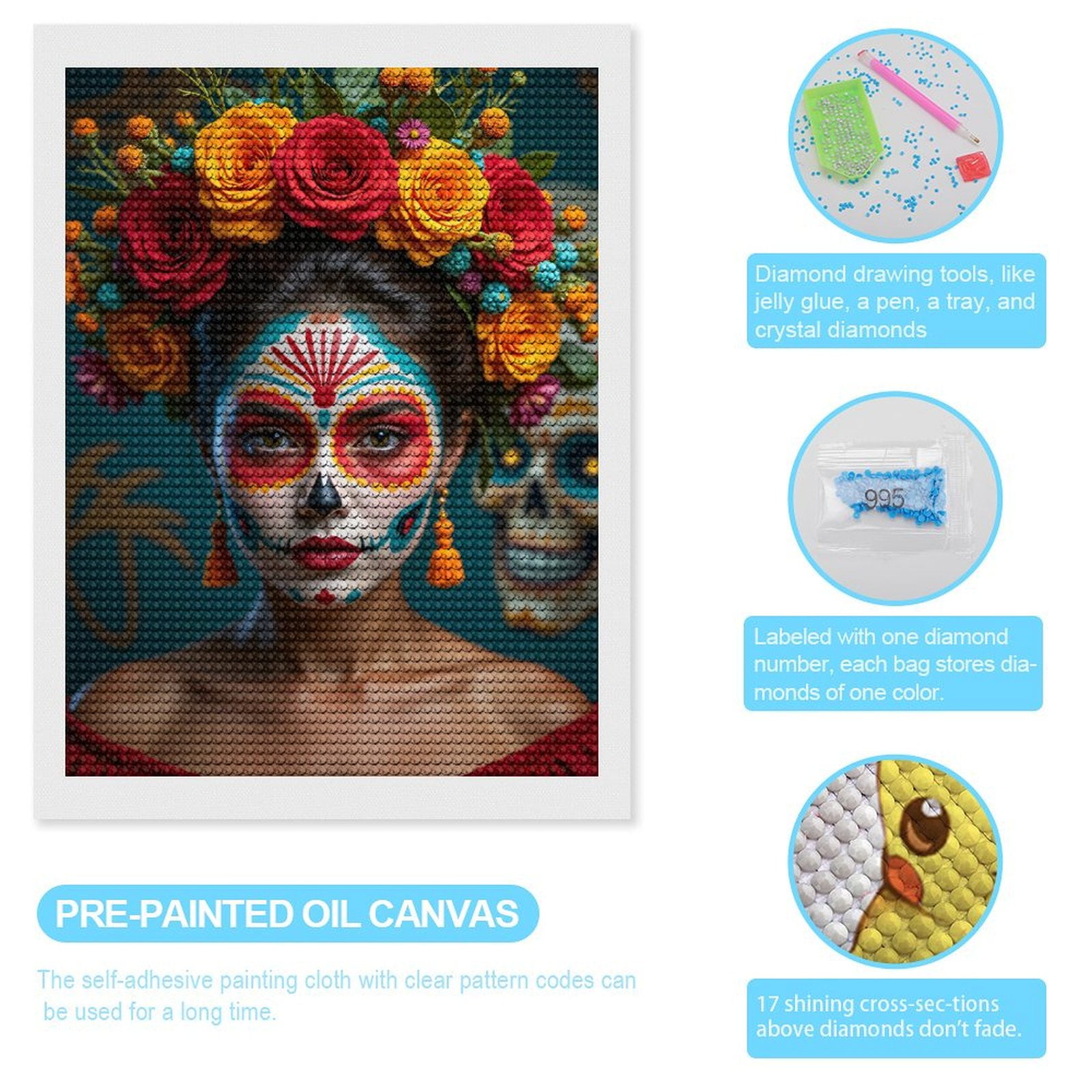 Diamond Art Kits for Adults, Dia De Los Muertos Face Paint 5D Diamond Painting Kits for Adults Beginners, DIY Full Drill Diamond Painting, Gem Art and Crafts 12x16