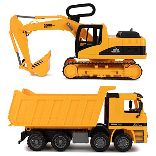 Jouet d'Excavatrice et de Camion-Benne pour Enfants (Ensemble de 2) - Griffe Mobile et Dossier Relevable - Camion à Ordures et Bulldozer Excavatrice - Véhicule de Construction pour Enfants et Tout-Petits par Toy To Enjoy