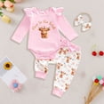thumbnail image 2 of CAICJ98 3PCS Western Baby Girl Outfit Ruffled Long Sleeve Romper Bow Cow Print Pants Headband Set Cowgirl Clothes,Size 3-6 Months, 2 of 4