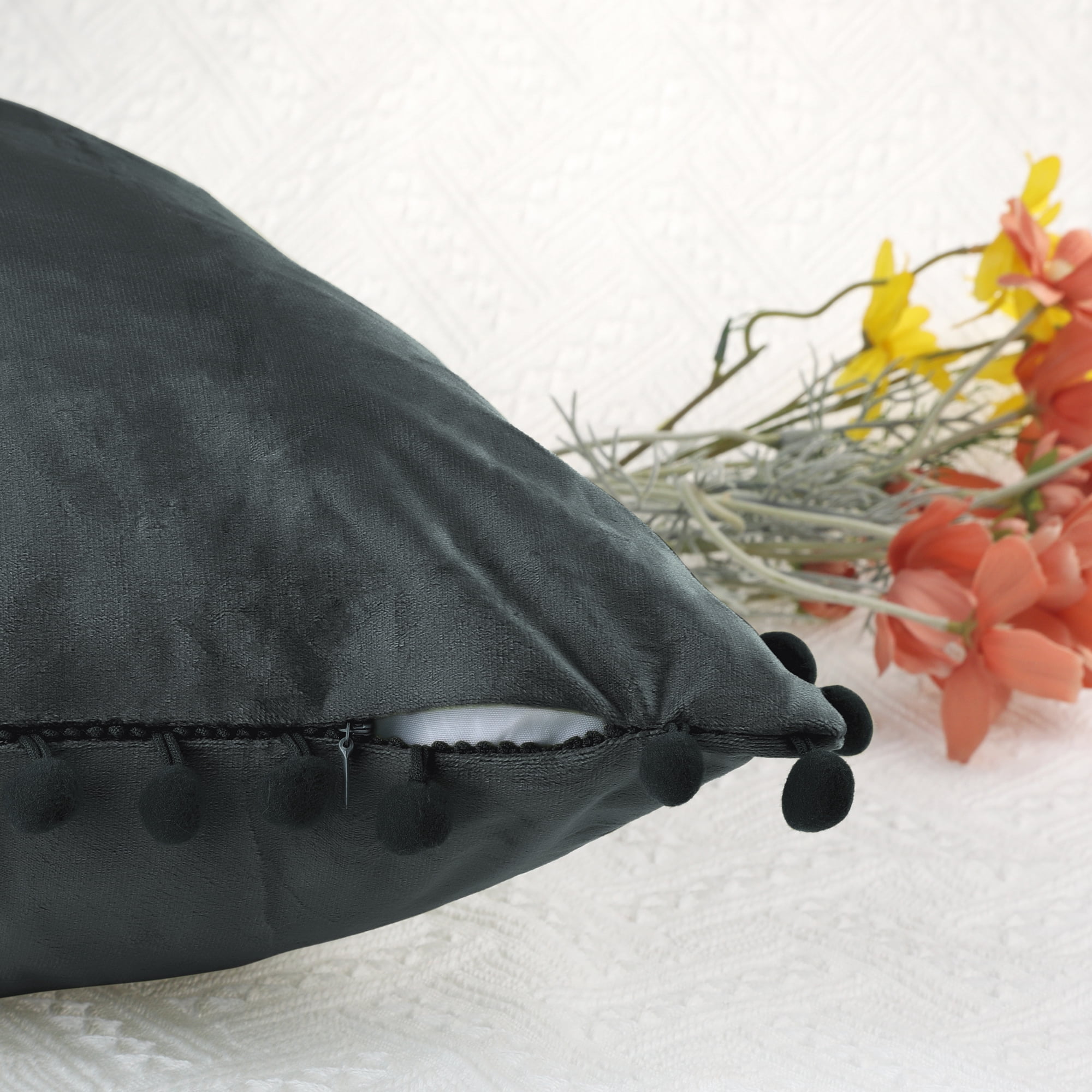 Unique Bargains 2 Velvet Throw Pillow Covers Pompoms Decorative Pillow Cases Cushion Cover Dark Gray 18" x 18"