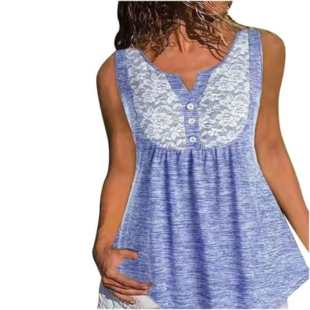 safuny Women s Summer Trendy Babydoll Tops Clearance Solid Lace Tops Sleeveless Tees V Neck Shirts Button Leisure Vintage Clothing Fashion Sky Blue L