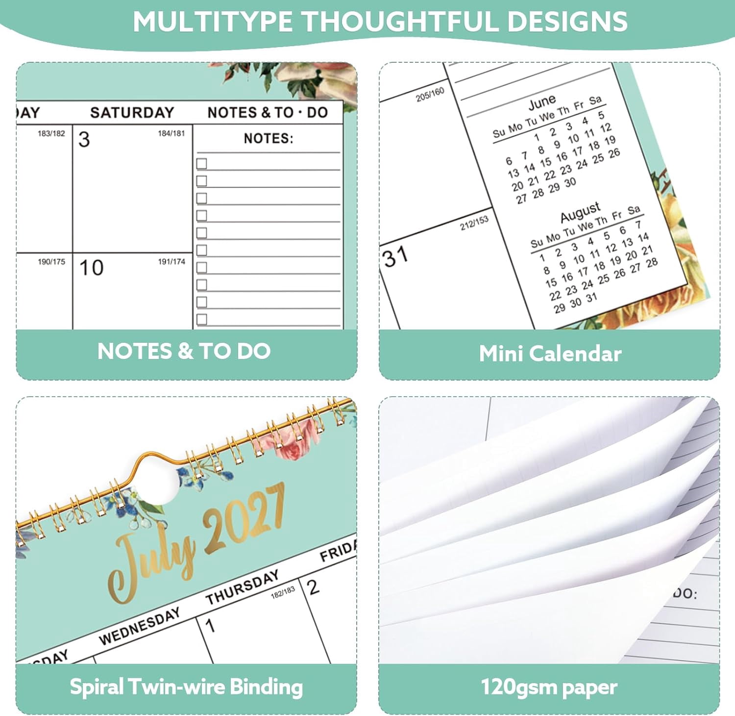 Wall Calendar 2026-2027, 18 Month Large Desk Calendar from July 2026 to December 2027 14.5" x 11.8" Monthly Calendar with Twin-Wire Binding for Home Office Planning Organisers, Watercolor Flowers