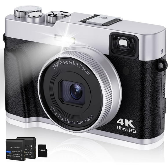 Zostuic Appareil Photo Numérique 4K avec Viseur Flash & Cadran, Caméra de Vlogging 48MP Autofocus Anti-Tremblement Zoom 16X avec Carte SD 32 Go 2 Batteries