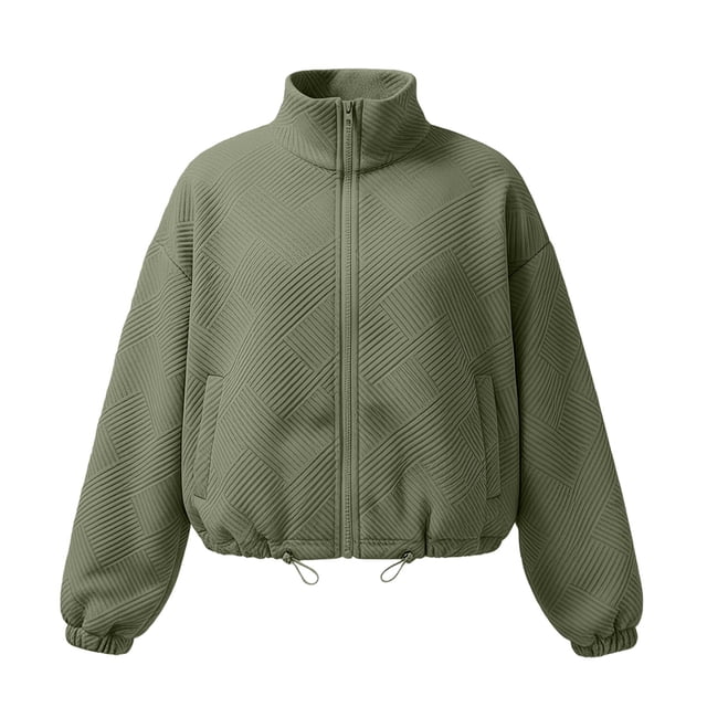 Veste de Baseball Texturée pour Femmes, Col Haut Fermeture Éclair devant Coupe Ample, Ourlet à Cordon Élastique Décontracté, Style Mode Urbaine avec Poche Latérale, Haut Confortable Surdimensionné Vert P