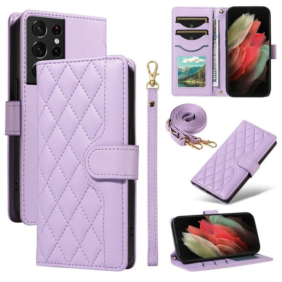 Crossbody Wallet Case for Samsung Galaxy S21 Ultra, Credit Card Slots Elegant PU Leather Magnetic Closure Shoulder Strap Purse Phone Case Flip Stand Full Protection Cover for Women Girls, Purple