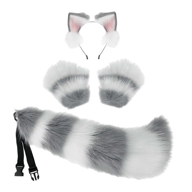 Diadema con Orejas de animales conjunto de cola de Cosplay Traje de cola Larga con Orejas Gris blanco Disfraz de juego de cosplay