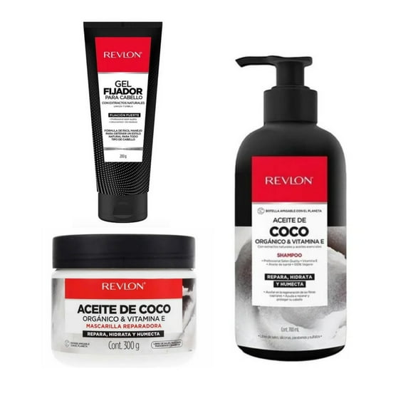 Revlon Kit Para El Cabello 3 Piezas Shampoo Y Mascarilla Capilar Aceite De Coco y Vitamina E Repara Hidrata y Humecta + Gel Fijacion Fuerte