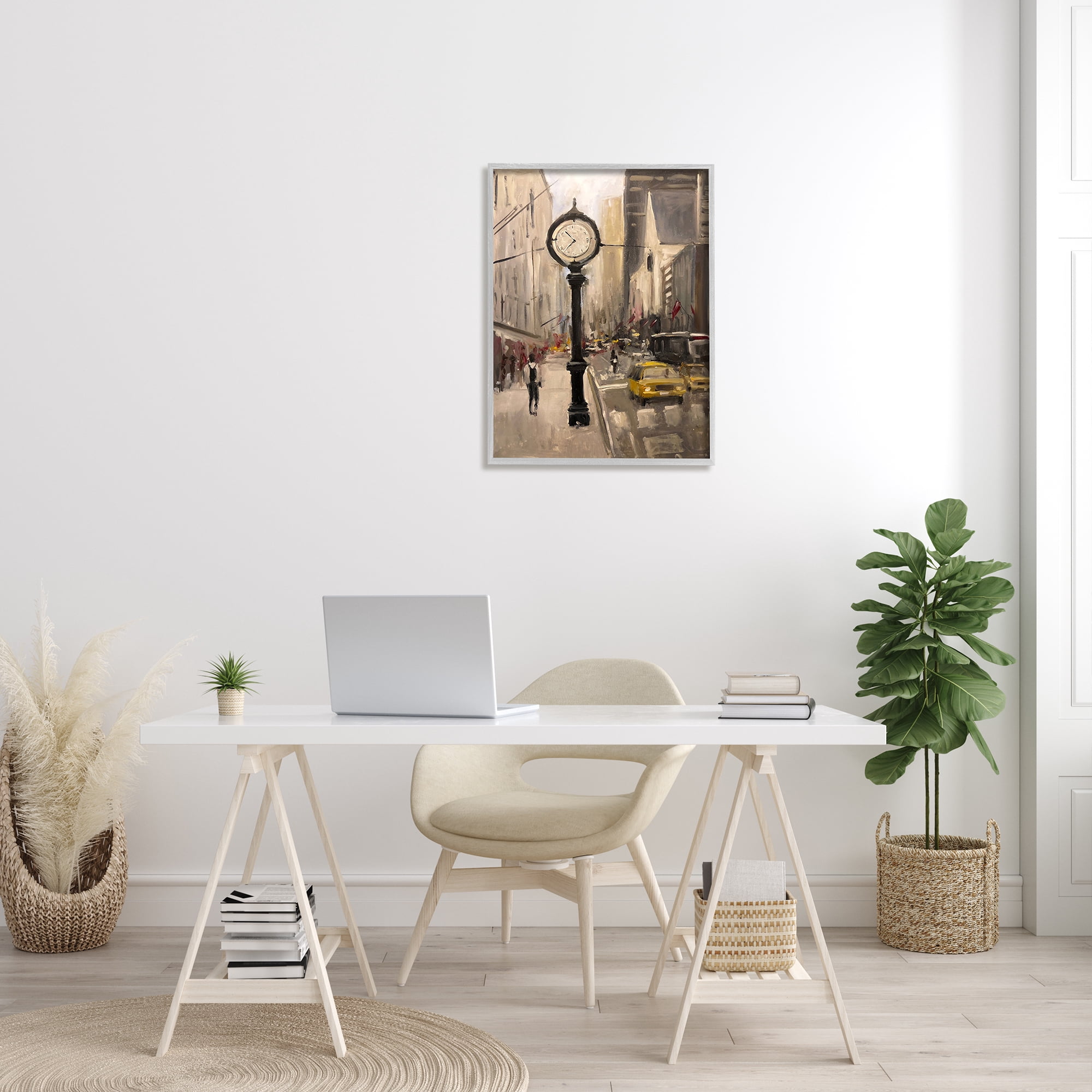 Stupell Industries Busy City Sidewalk Clock Urban Architecture Industrial Painting Gray framed Art Print Wall Art, 24 x 30, Design by Allayn Stevens