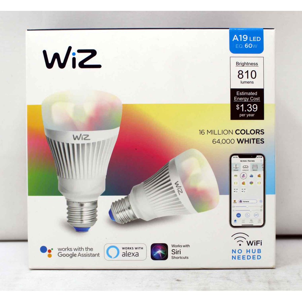 WiZ Connected Light Bulbs A19 LED Wifi Smart Color 2 Count - Walmart