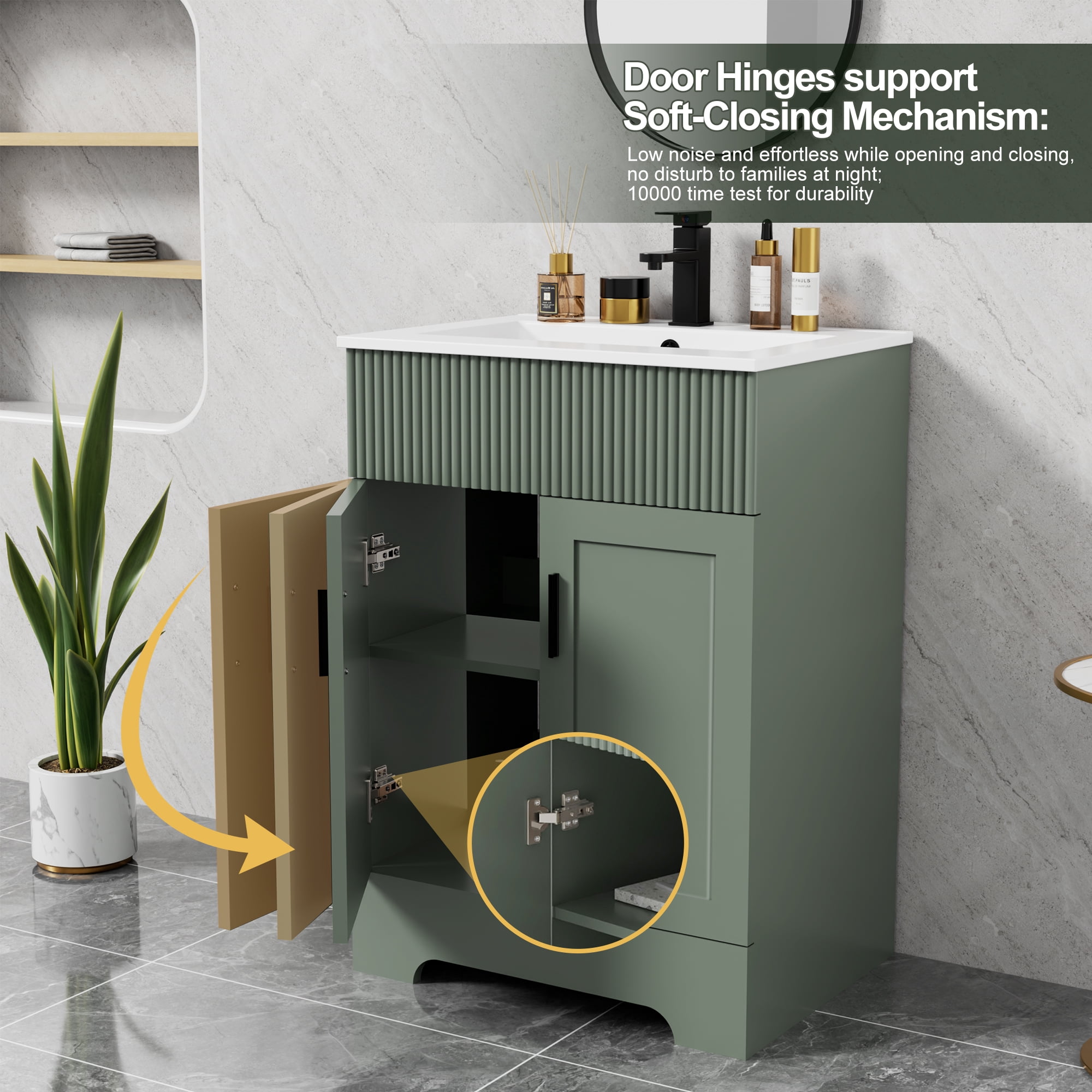 24" Mid Century Modern Single Bathroom Vanity with Ceramic Sink Top, Zinc Alloy Faucet, Painted Surface