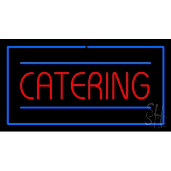 Red Catering Rectangle Blue LED Neon Sign 20 x 37 - inches, Black Square Cut Acrylic Backing, with Dimmer - Bright and Premium built indoor LED Neon Sign for restaurant window and interior decor.