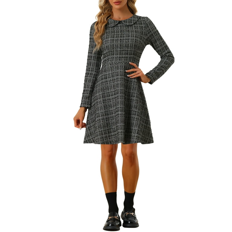 Allegra K Women's Plaid Grid Peter Pan Collar Long Sleeve A-Line Vintage Tweed Dress, Black / Xs