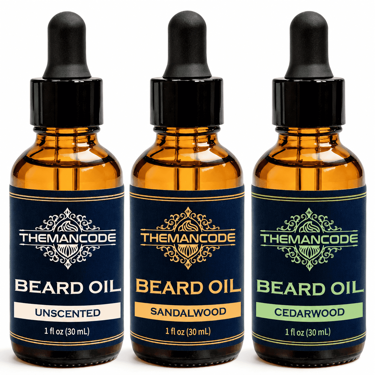 THEMANCODE Beard Oil Set for Men, 3 Pack, Softens and Conditions Beards, Non-Greasy, Unscented, Sandalwood and Cedarwood, Father's Day Gift for Dad, 1 fl oz Each