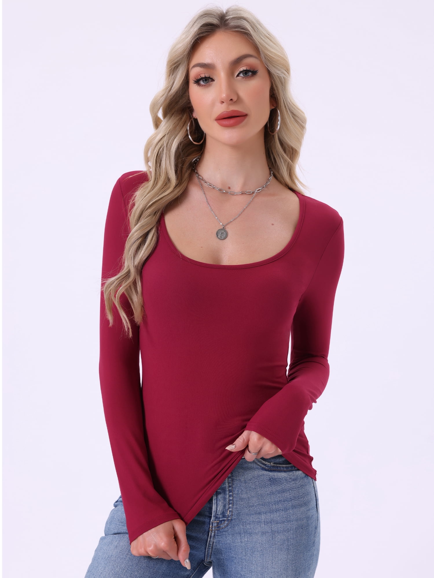 DARING DIVA Women's Scoop Neck Long Sleeve Slim Stretchy Thermal Tee M Red