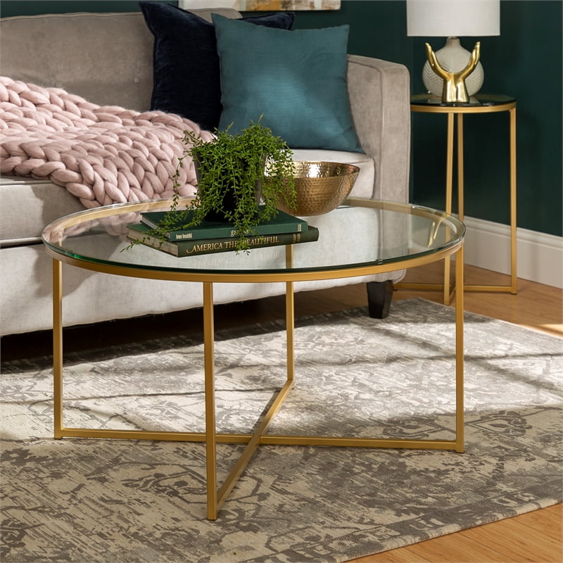 2Piece Round Coffee Table Set Glass and Gold