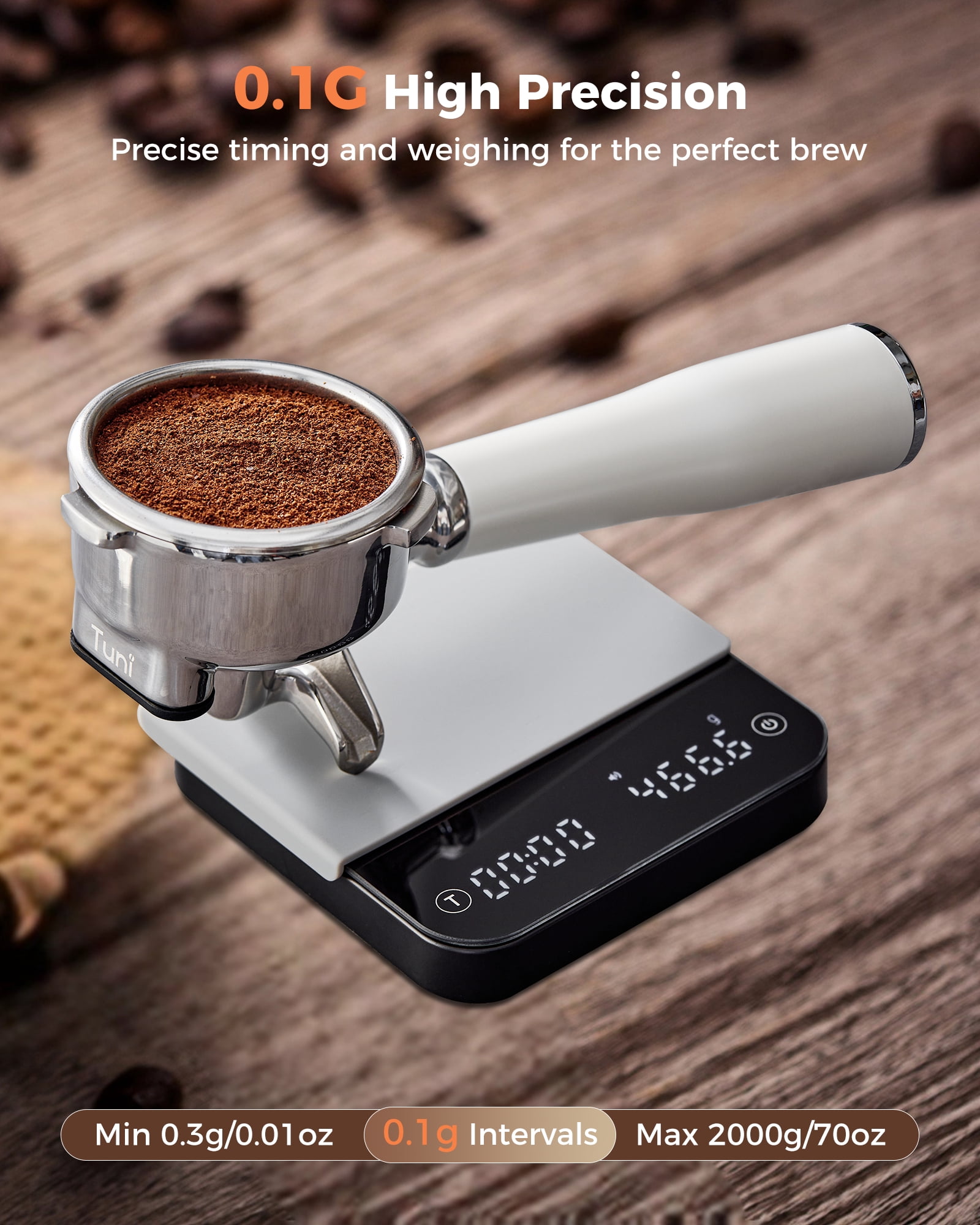 Tuni S1-BP Mini Coffee Scale with Timer, Rechargeable Digital Espresso Scale with Auto Timing, 0.1g/2kg Accurate Scale for Espresso and Pour-Over Coffee