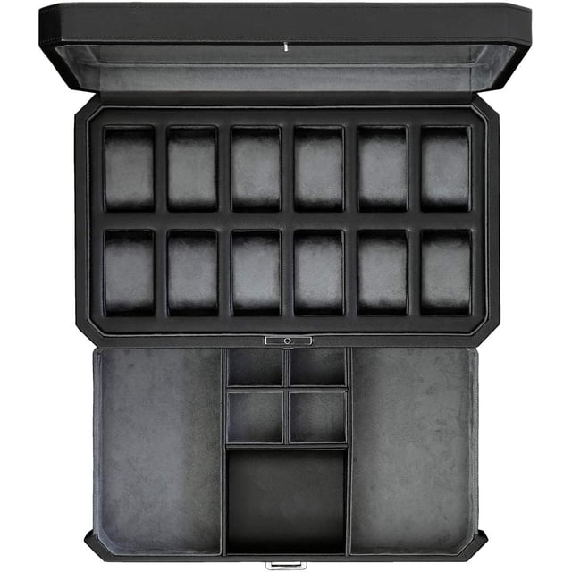 Caja para relojes ROTHWELL de piel con 12 ranuras y cajón para aparcacoches, color negro y gris