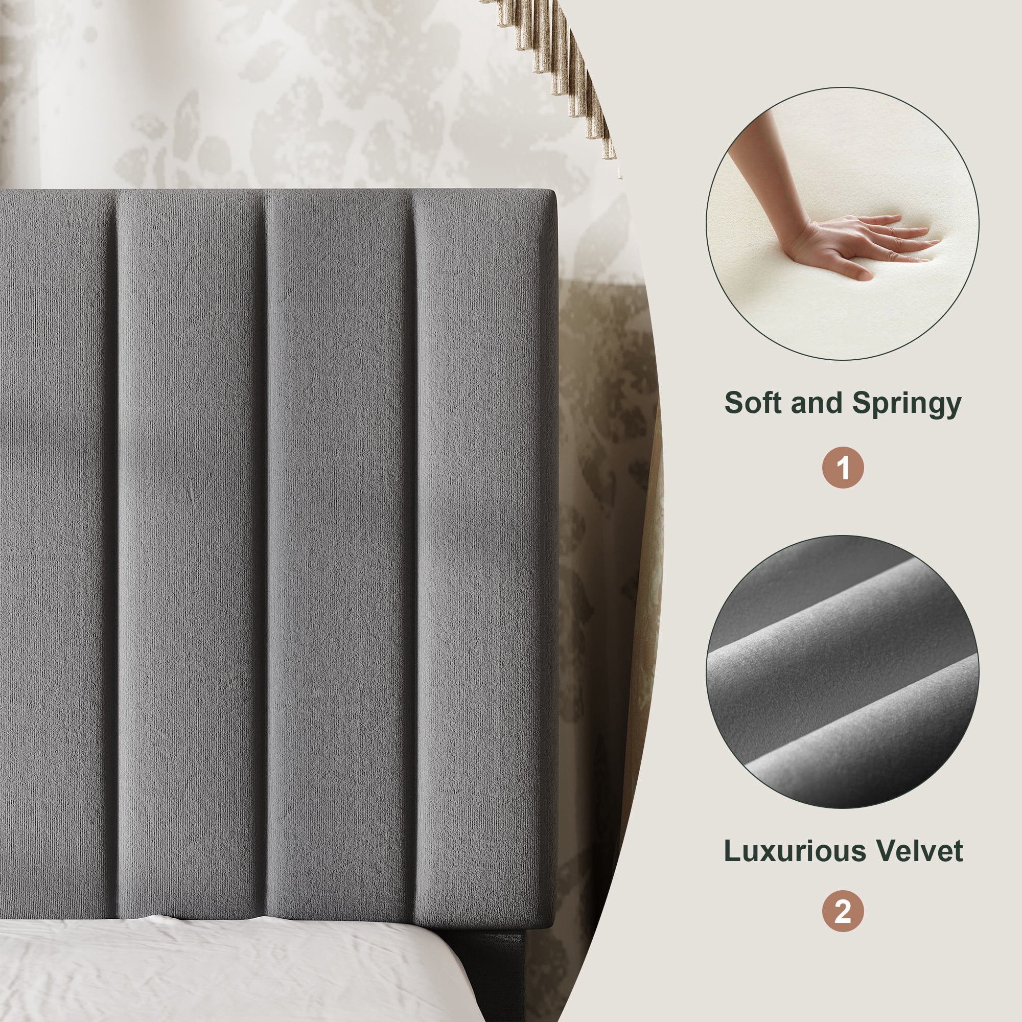 Amolife Queen Bed Frame, Platform Bed with Adjustable Velvet-Wrapped Headboard and 4 Storage Drawers, No Box Spring Required, Gray