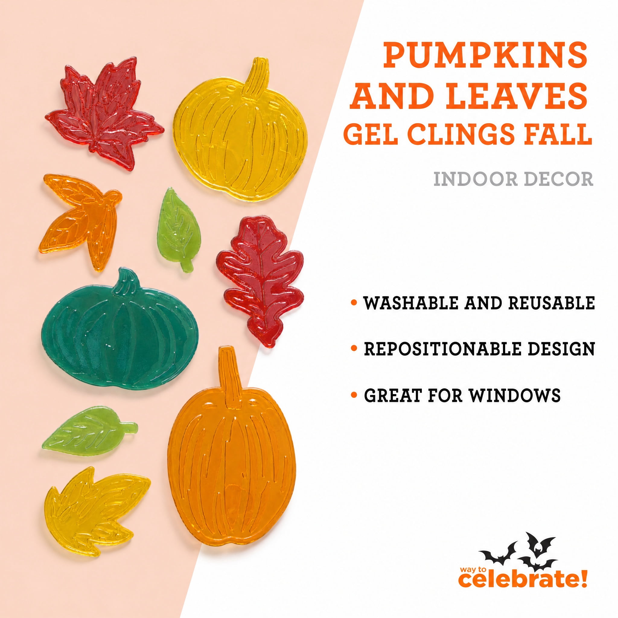 Pumpkins and Leaves Gel Clings, Multicolor, 5.5" x 12.1", Fall by Way To Celebrate